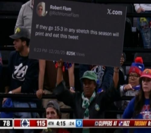 有球迷曾称若快船能15胜3负将打印推文并吃掉快船球迷墙点名鞭尸