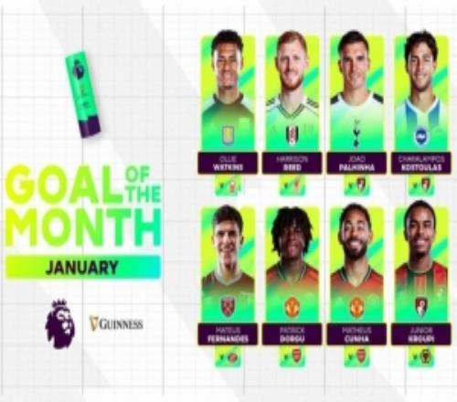 英超1月最佳進(jìn)球候選：帕利尼亞倒鉤在列庫尼亞等人的世界波入選