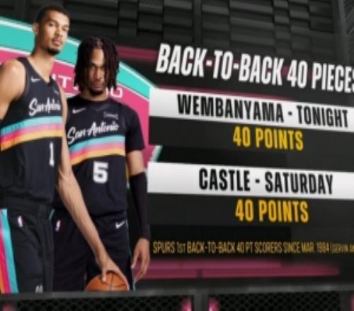 卡斯?fàn)?文班！馬刺連續(xù)兩場(chǎng)不同球員砍下40+隊(duì)史40多年來(lái)首次