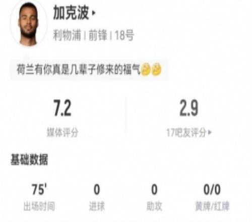 加克波本場(chǎng)數(shù)據(jù)：2射0正+3關(guān)鍵傳球+8傳中8對(duì)抗5成功獲評(píng)7.2分