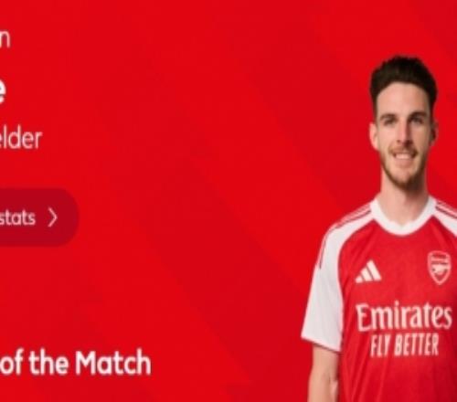 3次關(guān)鍵傳球，英超官方：賴斯當(dāng)選阿森納11布倫特福德全場最佳