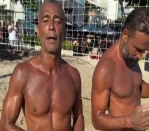 這是60歲巴西傳奇羅馬里奧參加沙灘球賽，身材健碩翩翩起舞