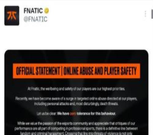 FNC俱樂部發(fā)布聲明保障選手安全：對網(wǎng)絡(luò)暴力與死亡威脅零容忍