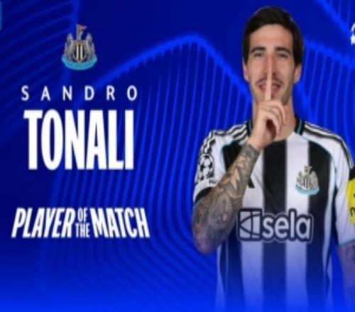 首開記錄，歐冠官方：托納利當(dāng)選紐卡32卡拉巴赫全場(chǎng)最佳球員