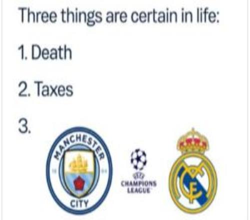 官方玩梗！曼城官推：人生三大確定之事，死亡、稅收、歐冠vs皇馬