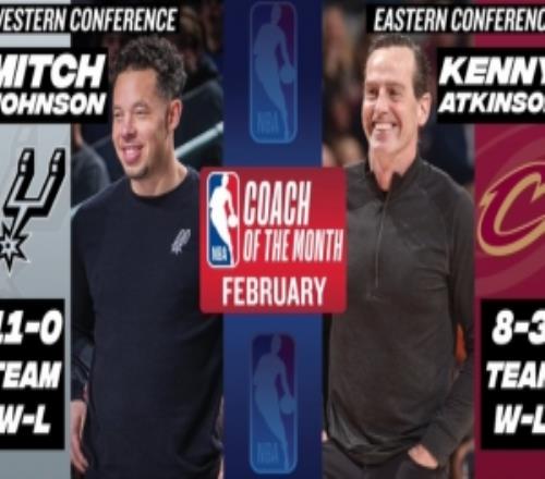 月最佳教練：米奇約翰遜帶領(lǐng)馬刺11勝0負(fù)阿特金森8勝3負(fù)當(dāng)選