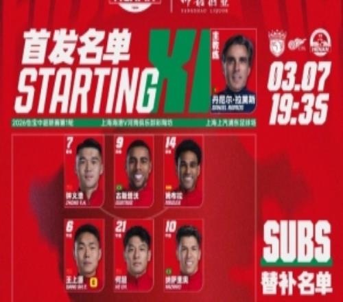中超聯(lián)賽第1輪上海海港VS河南俱樂部彩陶坊首發(fā)及替補(bǔ)隊(duì)員名單