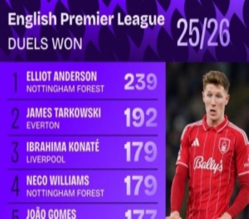 本賽季英超對抗成功次數(shù)榜：安德森239次居首，塔爾科夫斯基次席