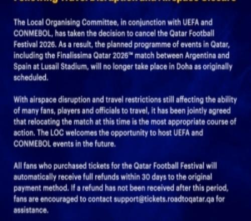 官方：2026年卡塔爾足球節(jié)因旅行中斷和領(lǐng)空關(guān)閉取消