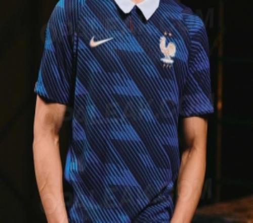 法國隊世界杯主場球衣色調(diào)為藍(lán)色+銅色，客場球衣為薄荷綠+銅色