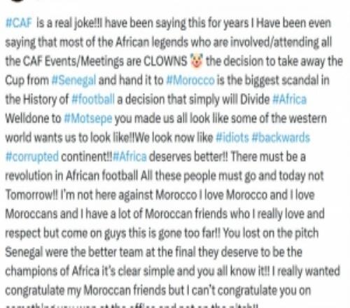 米多社媒：非足联就是笑话，非洲杯冠军改判是足坛历史最大丑闻