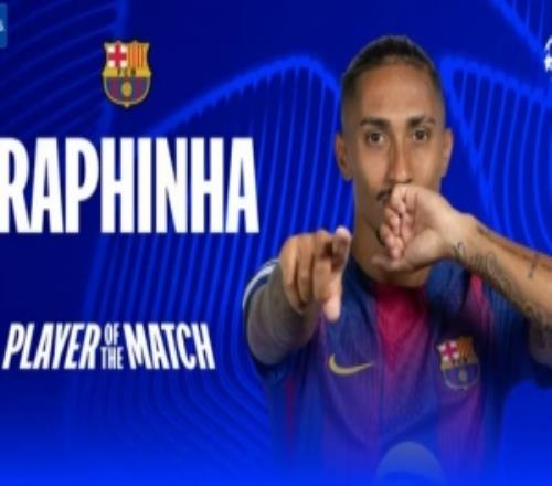 2球2助攻！歐冠官方：拉菲尼亞當選巴薩72紐卡全場最佳