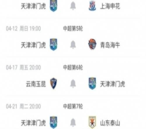 開賽3輪1平2負！津門虎未來5輪賽程：對陣申花、國安、泰山