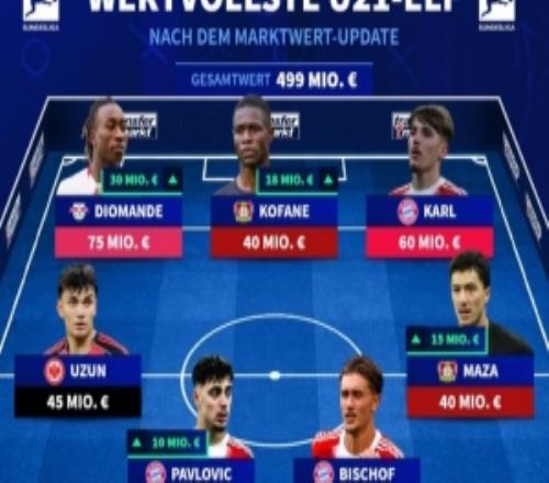 德甲身價最高U21陣容：卡爾、帕夫洛維奇、武什科維奇、烏尊在列