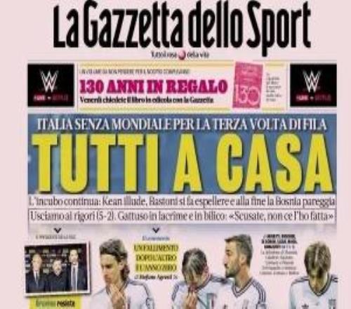意大利叒無緣世界杯，意媒頭版齊哀嚎：全部回家！