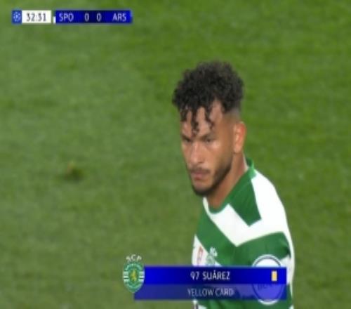 阿森納vs葡體轉(zhuǎn)播畫面顯示蘇亞雷斯染黃，實際吃到黃牌是守田英正