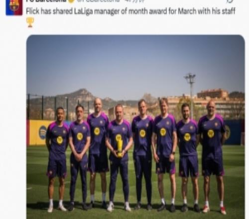 3月聯(lián)賽3戰(zhàn)全勝！弗里克與教練團隊領取西甲官方3月最佳教練獎