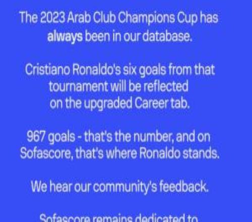 曾不算阿拉冠進(jìn)球，Sofascore回應(yīng)：已更新，C羅進(jìn)球就是967球