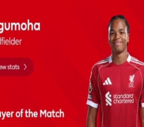 17歲225天！英超官方：恩古莫哈當(dāng)選利物浦vs富勒姆的全場(chǎng)MVP