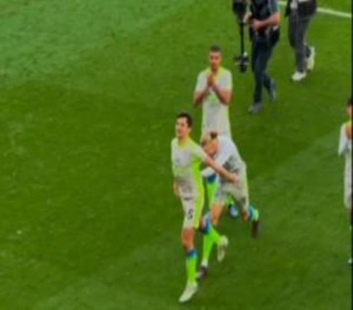 羞涩小胡！胡桑诺夫赛后不好意思接受掌声，哈兰德把他推到看台前