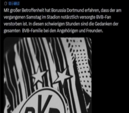 多特官方：上周場(chǎng)內(nèi)接受急救的球迷不幸離世，我們與逝者親屬同在