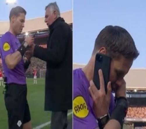 荷蘭杯決賽主裁判暫停比賽到場邊接電話，因球場可能出現(xiàn)安全風(fēng)險