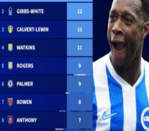 本賽季英超英格蘭球員進(jìn)球榜：維爾貝克13球居首，帕爾默在列