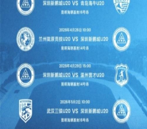 中國青少年足球聯(lián)賽男子U20組即將打響，深圳新鵬城U20賽程公布