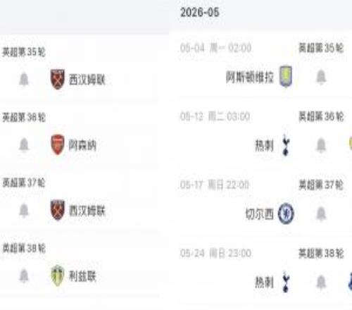 西漢姆末4輪對(duì)小蜜蜂、槍手、紐卡，熱刺面對(duì)維拉、藍(lán)軍、埃弗頓