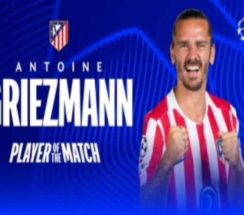 擊中門框！官方：35歲格列茲曼當(dāng)選馬競vs阿森納全場最佳