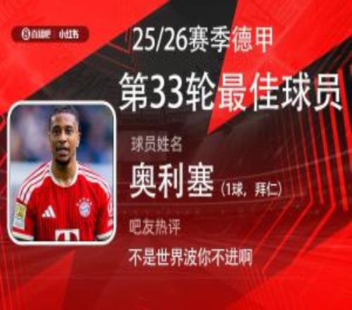 直播吧X小紅書德甲第33輪最佳：奧利塞招牌兜射制勝第6次當(dāng)選！