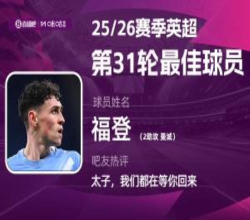 直播吧X咪咕體育英超第31輪MVP：福登助攻雙響，曼城太子回來了