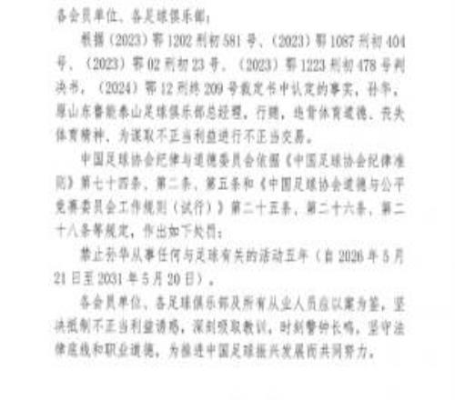 官方：原山东鲁能泰山总经理孙华行贿、进行不正当交易，禁足五年