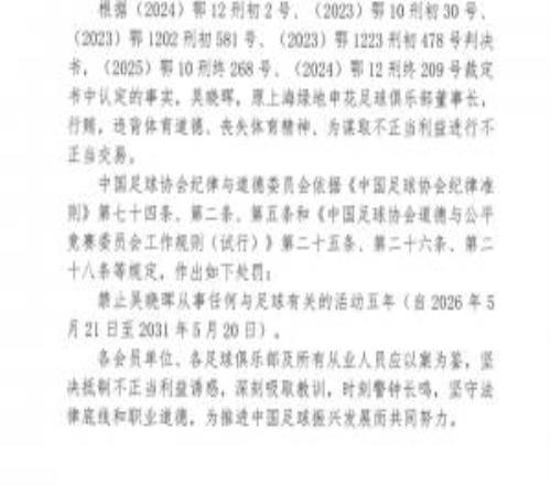 足协官方：原申花董事长吴晓辉禁足5年！行贿、进行不正当交易