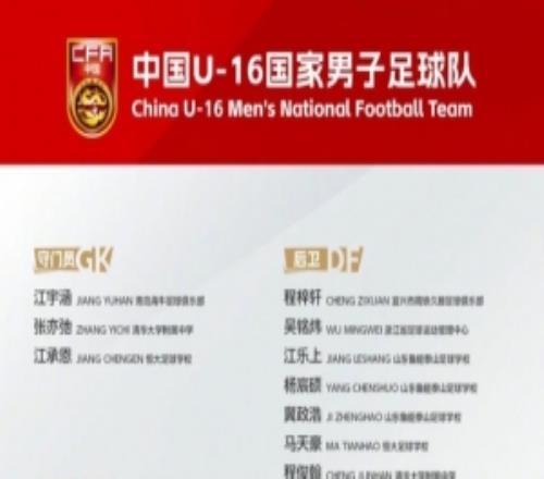 杨涵粤入选新一期中国U16国家男子足球队集训名单