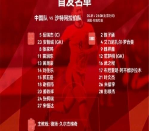 土倫杯中國隊對陣沙特阿拉伯隊，中國隊公布首發(fā)陣容