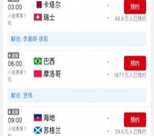 传统豪门首登场!贺炜明晨解说巴西vs摩洛哥,本场预约已超180万