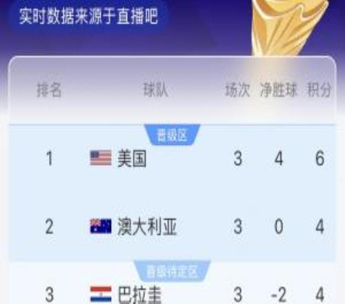 D組實時積分榜：澳大利亞暫列第二，巴拉圭第三