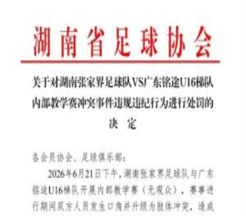 湖南省足協(xié)公布對(duì)張家界隊(duì)處罰：一球員禁賽1年，三球員禁賽半年
