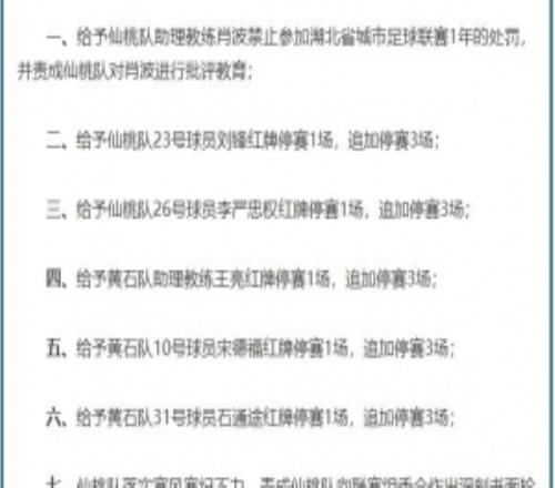 湖北省城市足球聯賽組委會對仙桃隊、黃石隊作出處罰