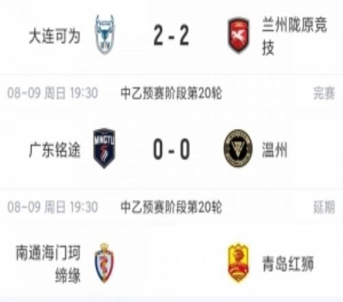 中乙綜述：山西崇德榮海獲得爭冠組資格2場比賽因臺風延期