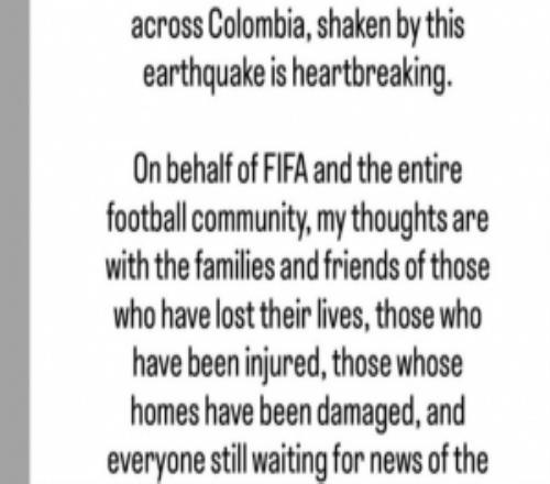 因凡蒂諾社媒發文，代表FIFA對哥倫比亞地震災民表達慰問