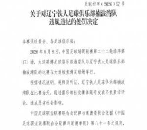 中足联处罚辽宁铁人:社媒发表不负责任言论,通报批评+罚款5万!