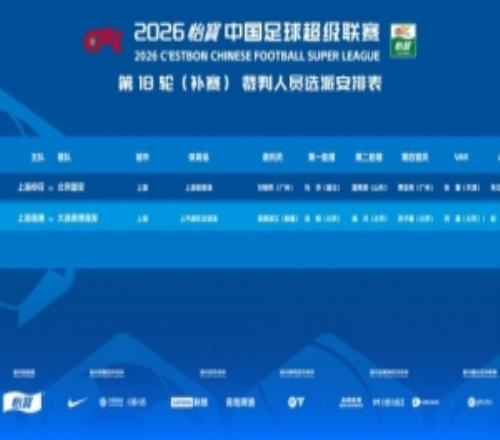 中超裁判安排：甘树然执法申花vs国安麦麦提江执法海港vs英博