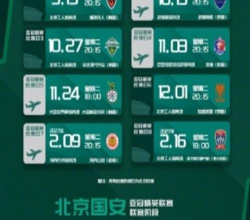 国安亚精英赛程：前6轮对阵韩国+泰国各3队，末轮主场对喷气机