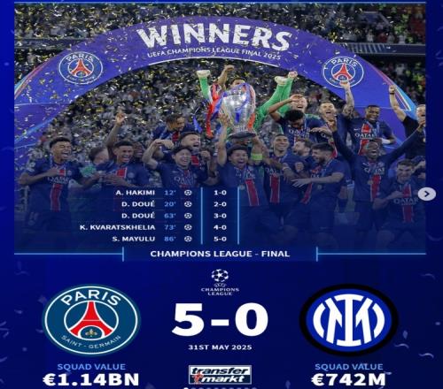 德转回顾2025年决赛:巴黎50国米、热刺10曼联、切尔西30巴黎