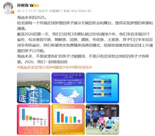 孙继海:希望用全免费精英培养模式给孩子可能,不是有矿才能踢球