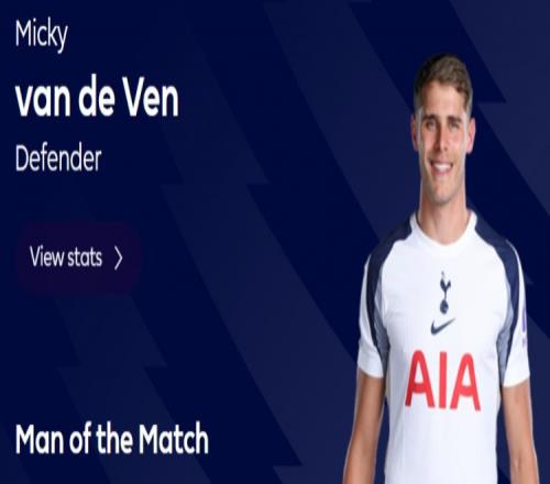 送出助攻，官方：范德芬当选热刺11桑德兰全场最佳球员