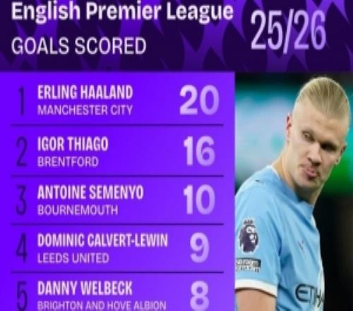 本赛季英超进球榜：哈兰德压伊戈尔居首，塞梅尼奥、埃基蒂克在列