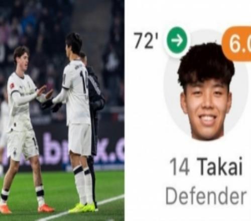 21岁日本中卫高井幸大上演门兴首秀，近191天首次出战正式比赛